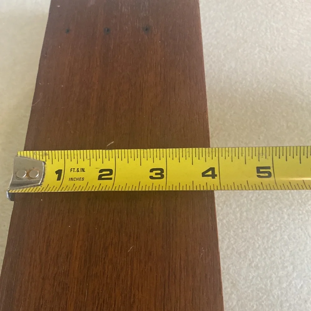 Vintage Art Deco look oak veneer wood display shelf with metal rings for hanging